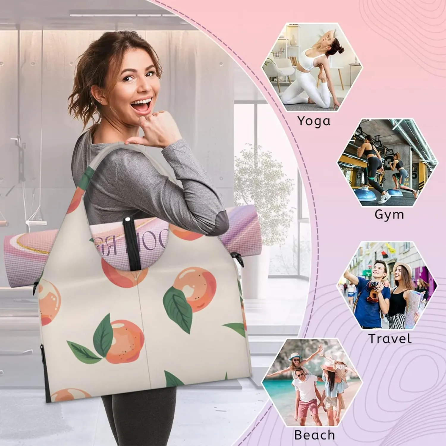 Yoga Tote Bag for Women Sweet Peach Beach Bag with Shoe Storage & Yoga Mat Strap Waterproof Weekender Duffle Bag for Travel Fitness Weekend Trips